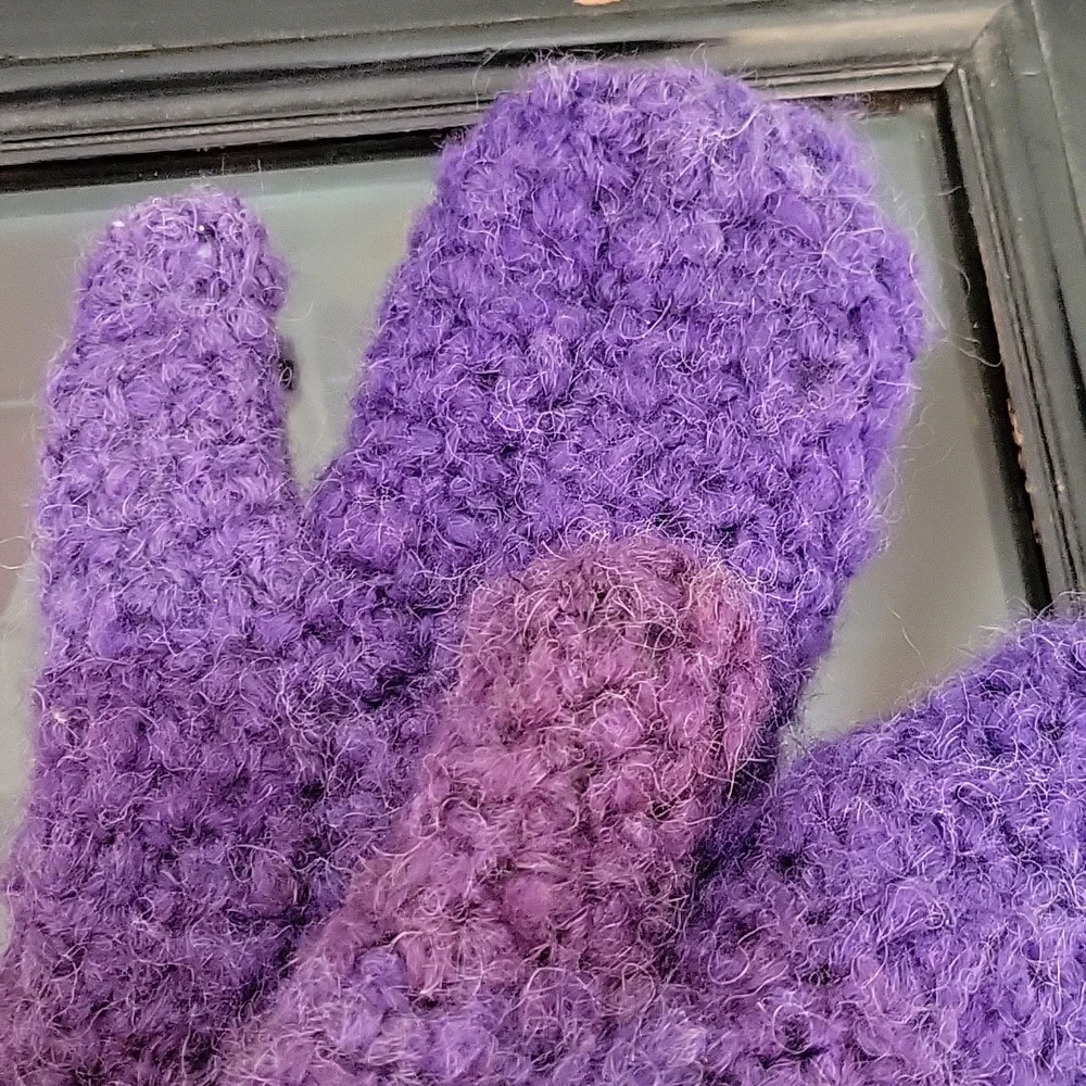 Ladies fuzzy Acrylic crocheted varigated purple mittens with cream fleece lining